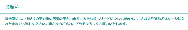 お願い：待合室には、怖がりの子や重い病気の子もいます。大きな犬はリードにつないだまま、小さな犬や猫などはケージに入れたままでお連れください。皆さまのご協力、どうぞよろしくお願いいたします。